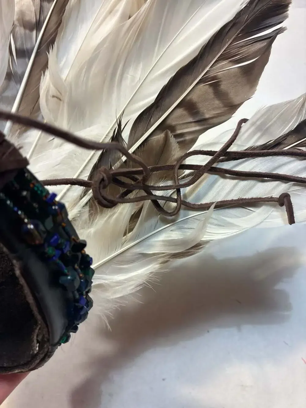 Handcrafted Beaded Leather Feather Headdress Headband with Malachite Focal Stone